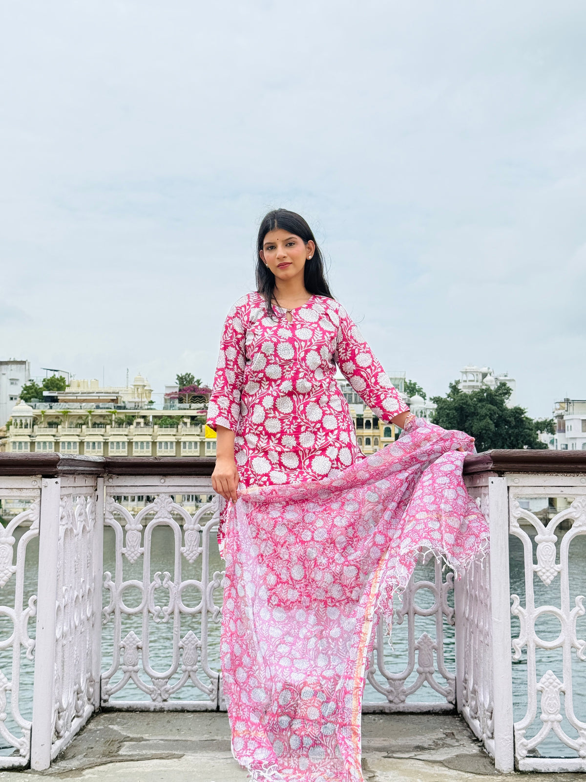 Purple white Floral Straight Kurta and dupatta