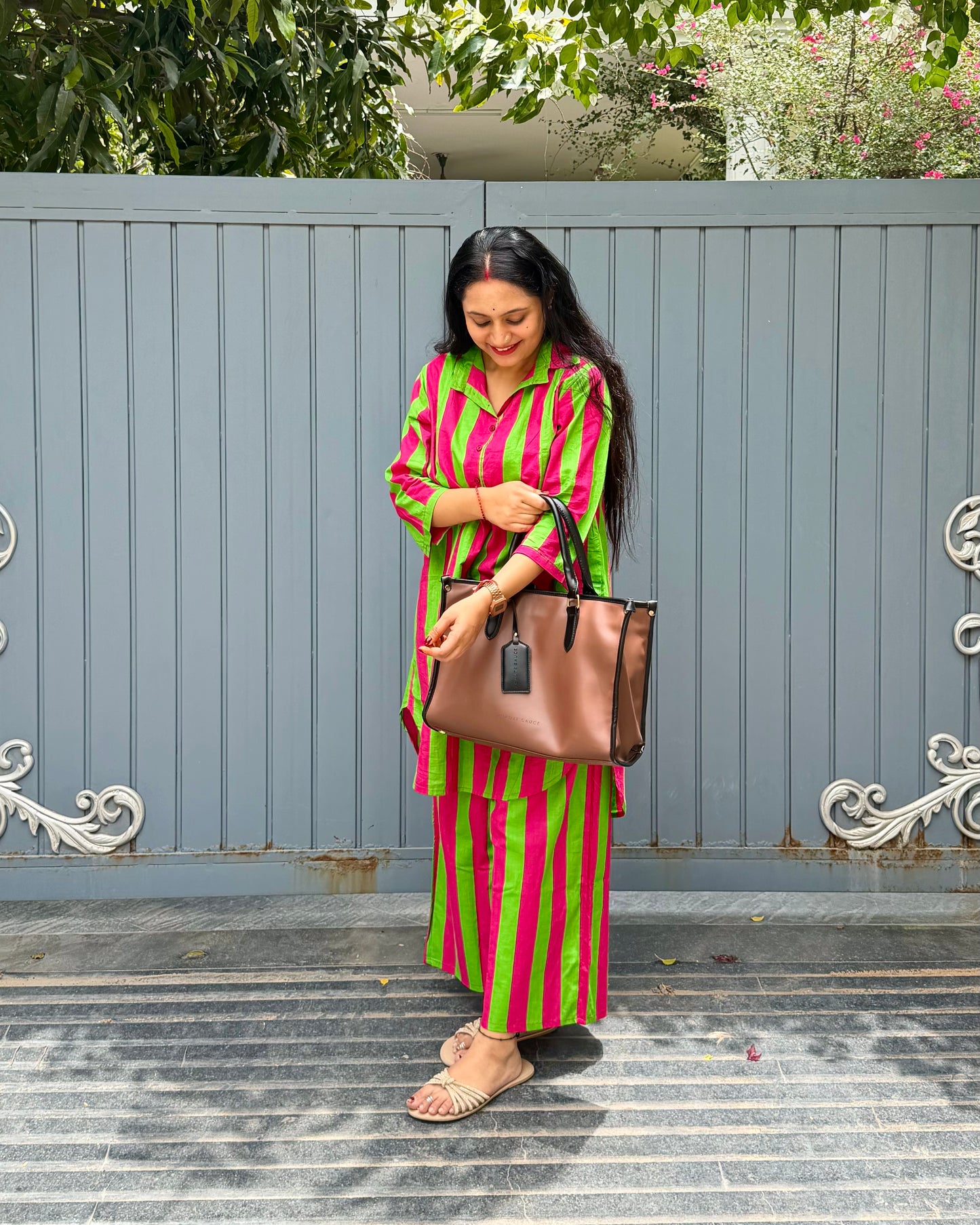 PINK GREEN STRIPE COORD SET