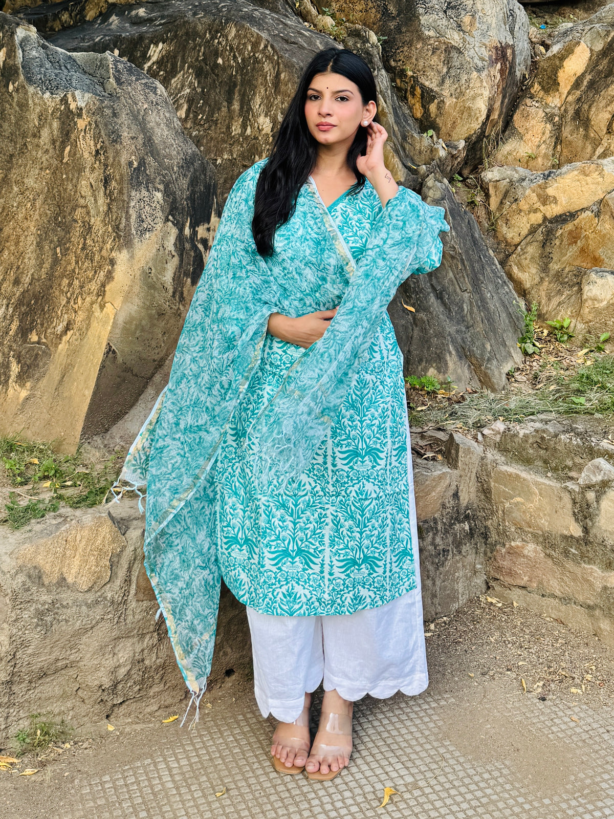 Aqua Blue Lace Kurta & duppta