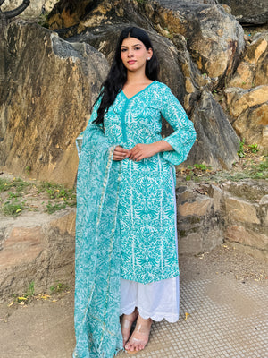 Aqua Blue Lace Kurta & duppta