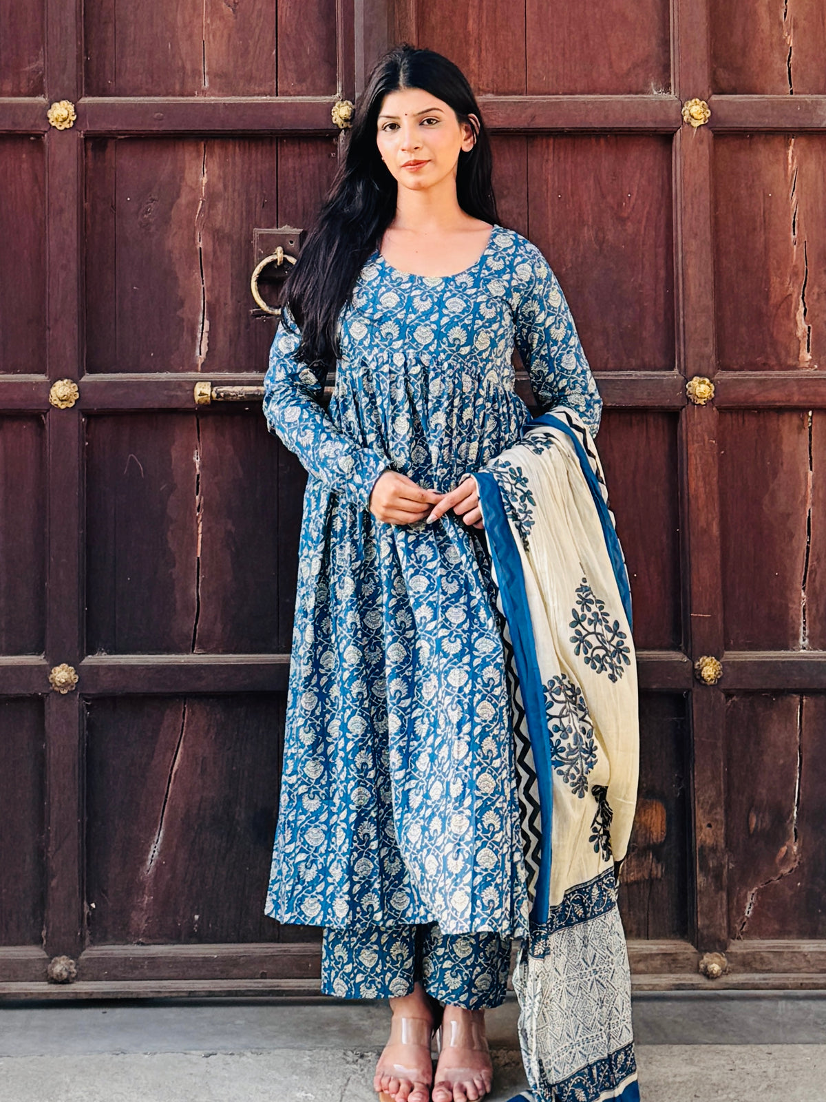 Blue Beige Cotton Anarkali Suit set