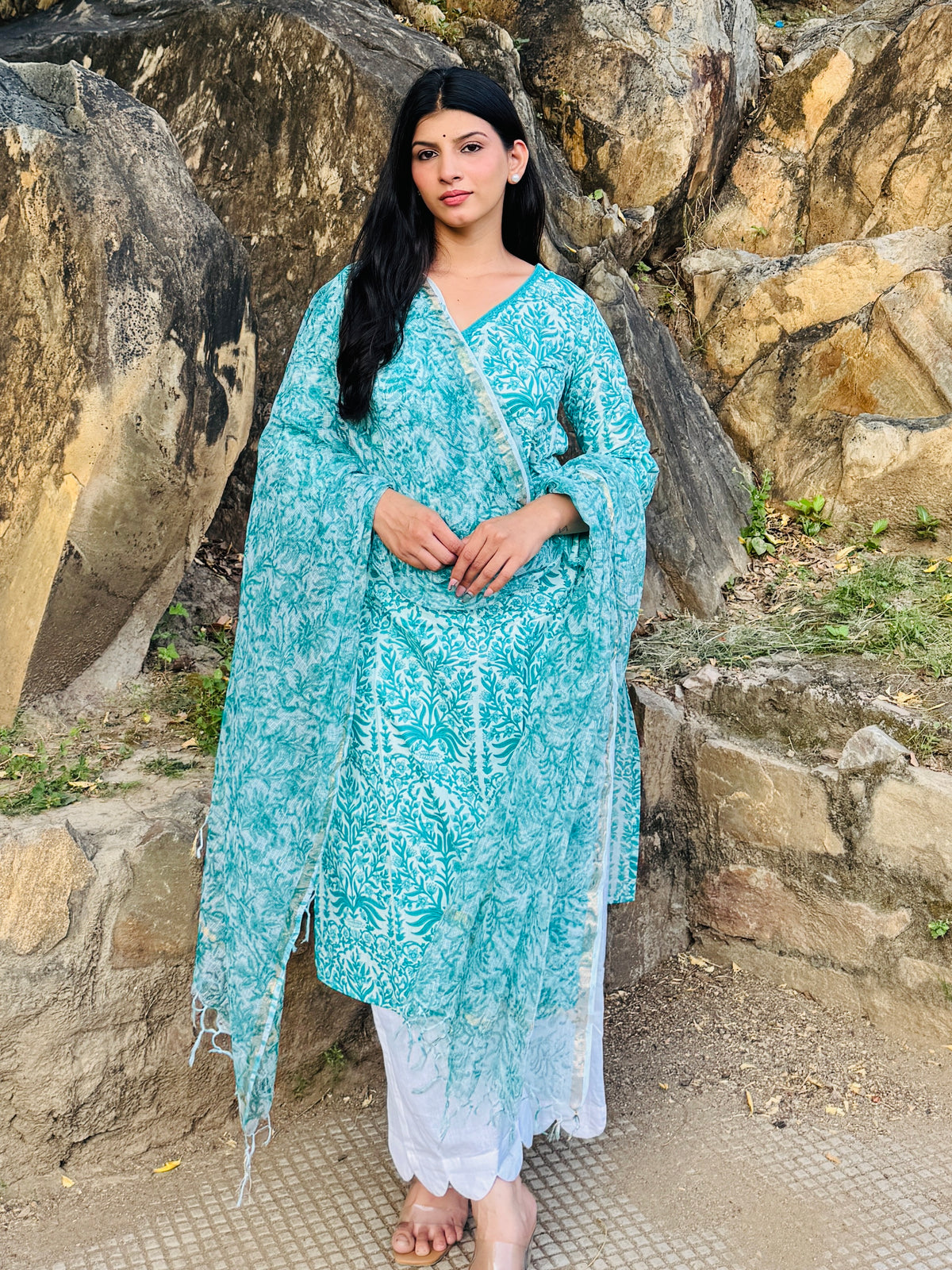 Aqua Blue Lace Kurta & duppta