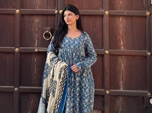 Blue Beige Cotton Anarkali Suit set