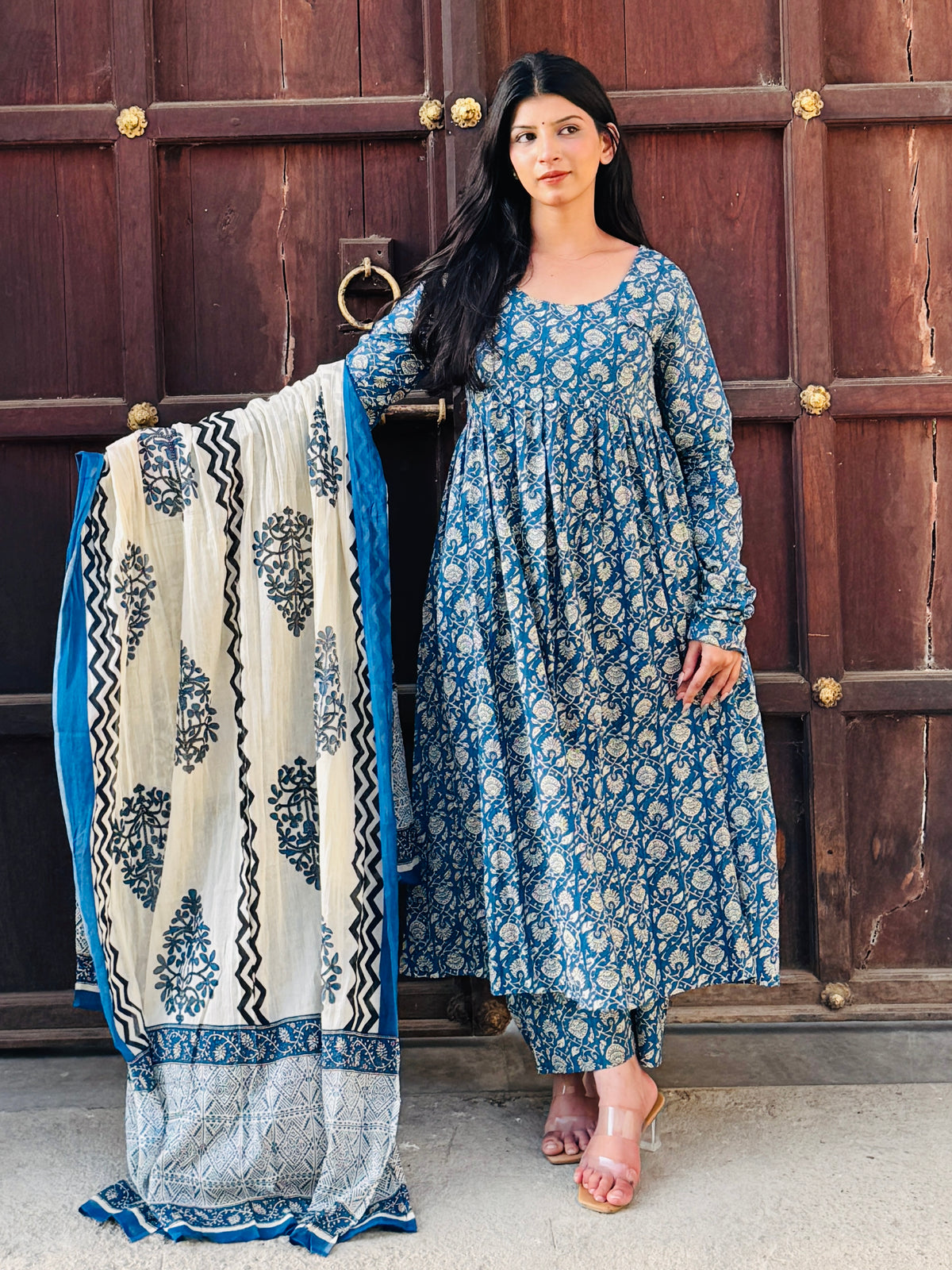 Blue Beige Cotton Anarkali Suit set