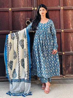 Blue Beige Cotton Anarkali Suit set