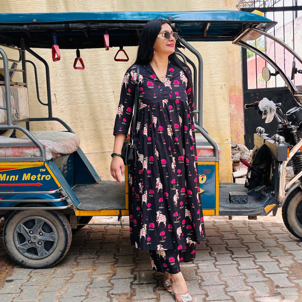 Black & Pink Animal Printed Cotton Anarkali Co-ords Set