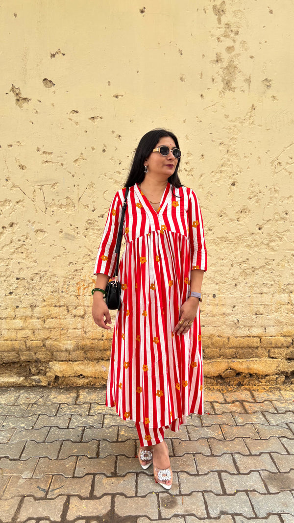 Red & White Striped A-Line Kurta Set for Women