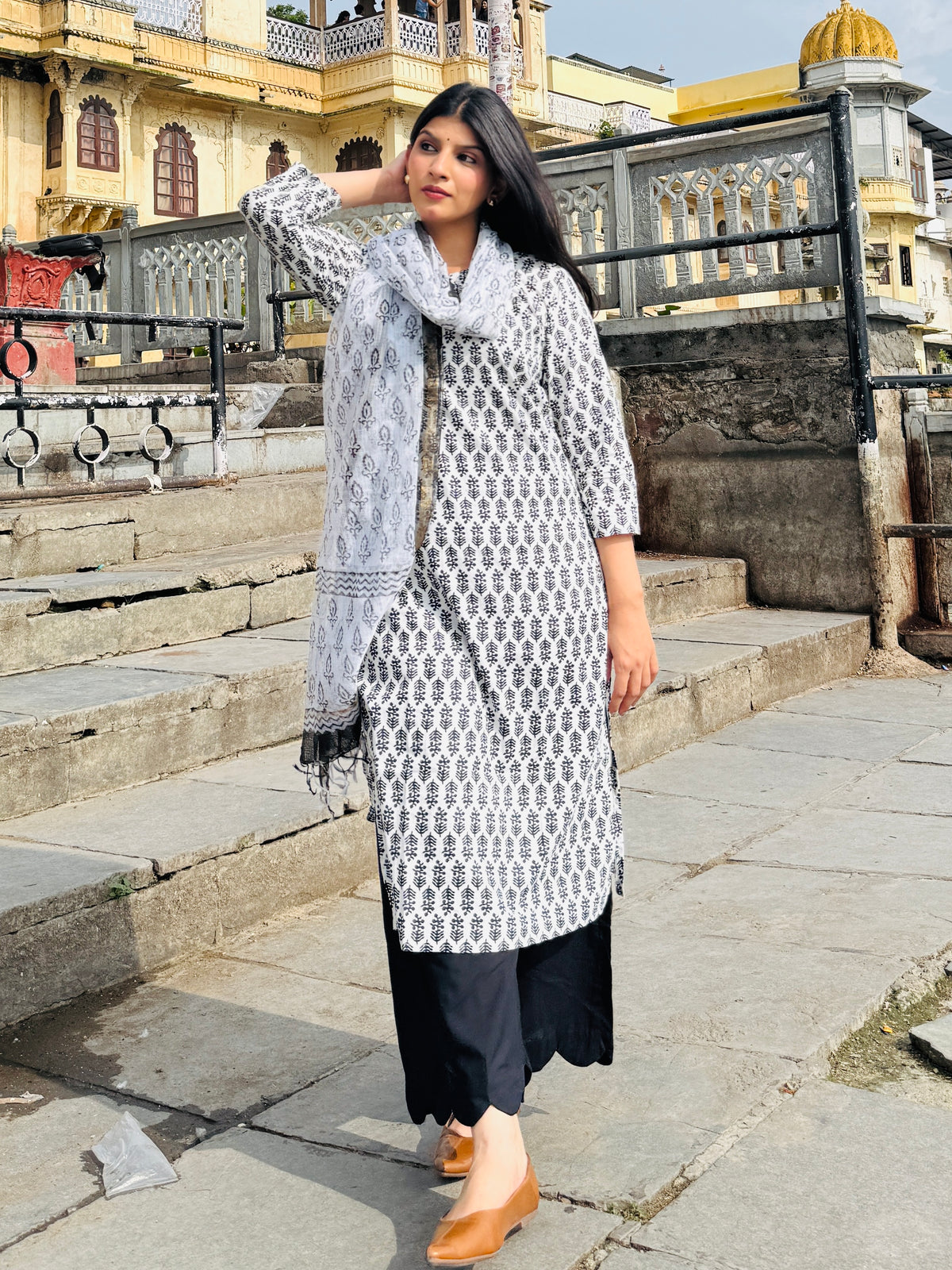 White Black Printed Suit Set