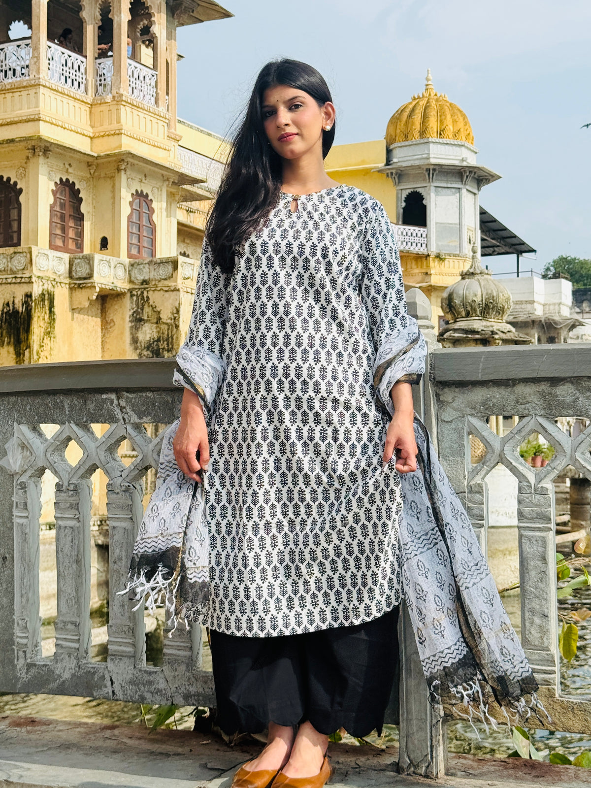 White Black Printed Suit Set