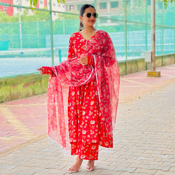 Red Button Anarkali Suit