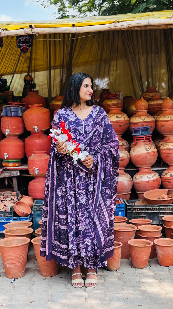 Purple Pure Cotton V Neck Floral Kurta Set for Women