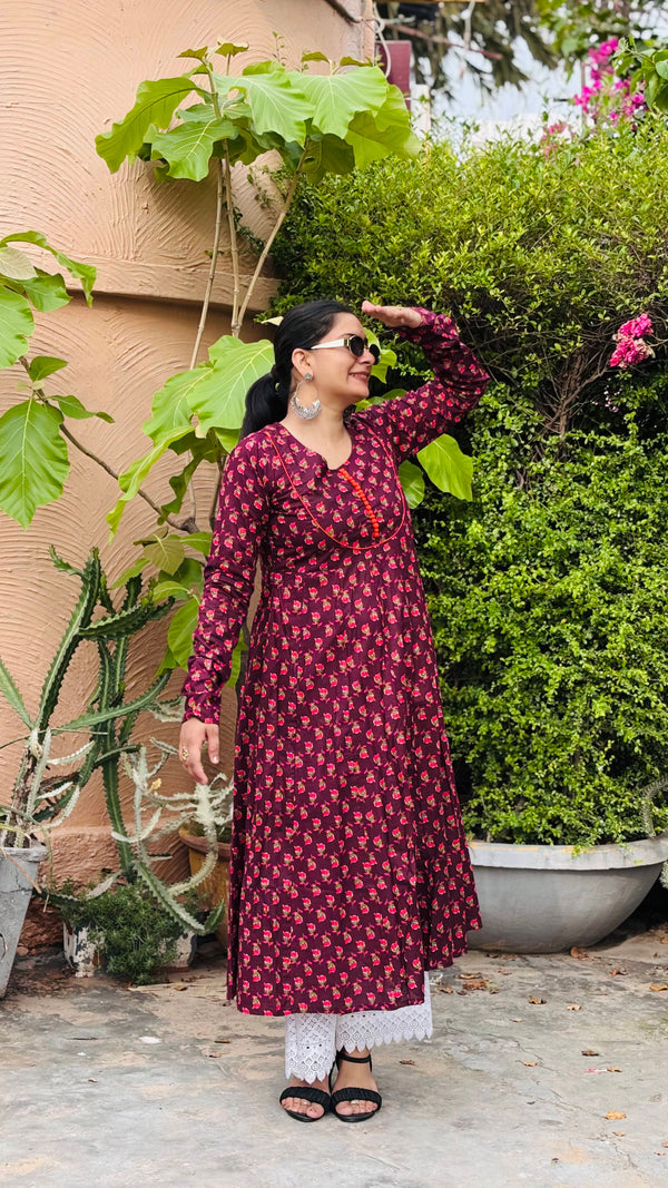Wine Floral Anarkali Round Neck Cotton Kurti