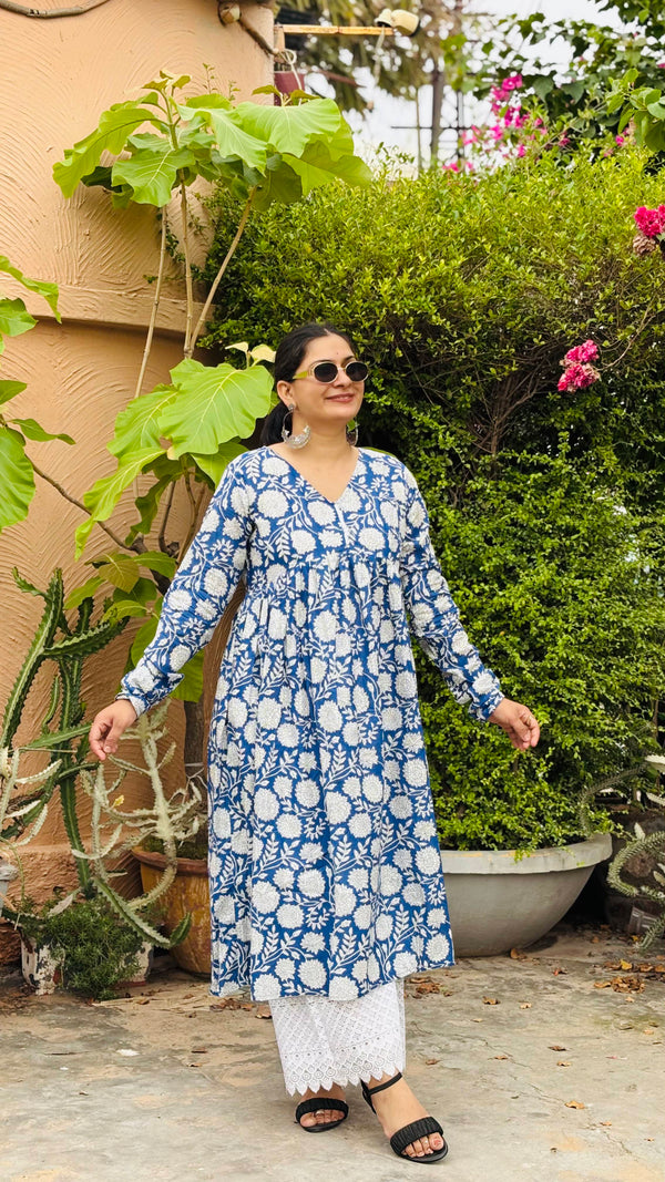 Blue Floral Printed Cotton V-Neck Anarkali Kurti