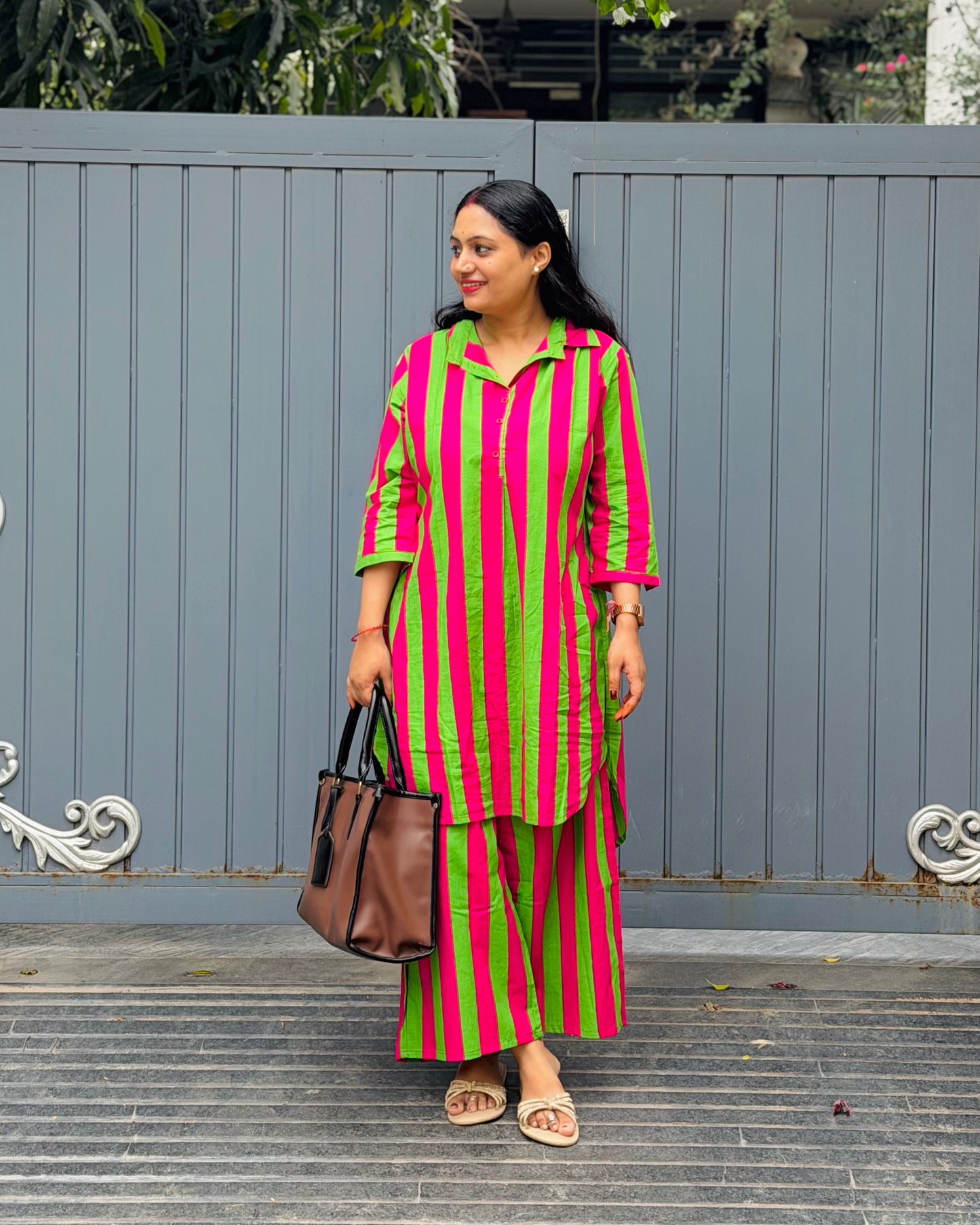 PINK GREEN STRIPE COORD SET