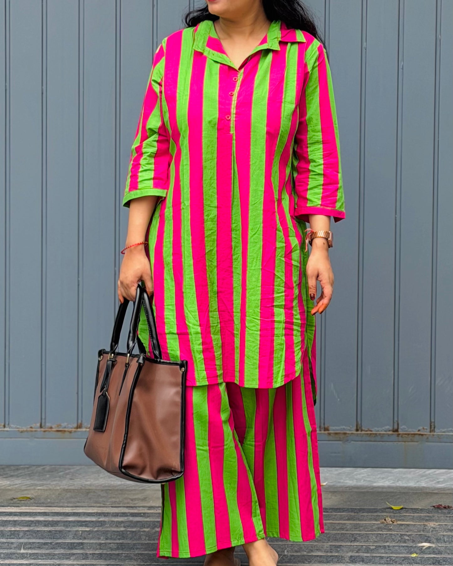 PINK GREEN STRIPE COORD SET
