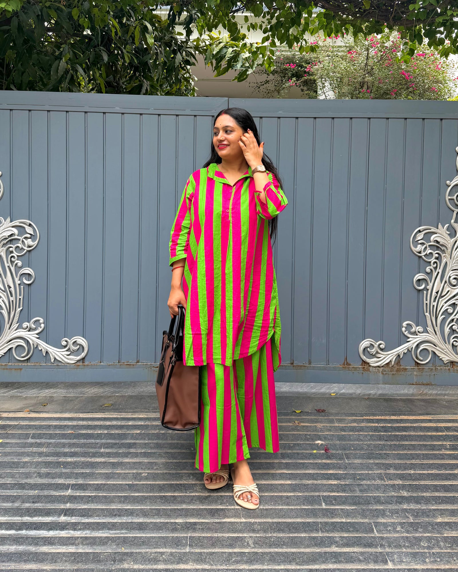 PINK GREEN STRIPE COORD SET