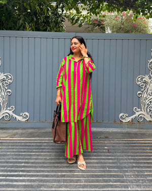 PINK GREEN STRIPE COORD SET