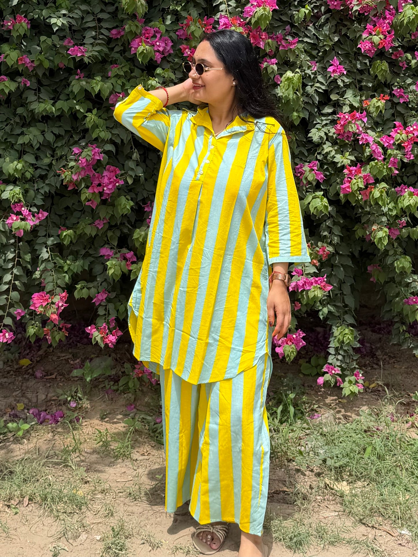 YELLOW GREY STRIPE COORD SET