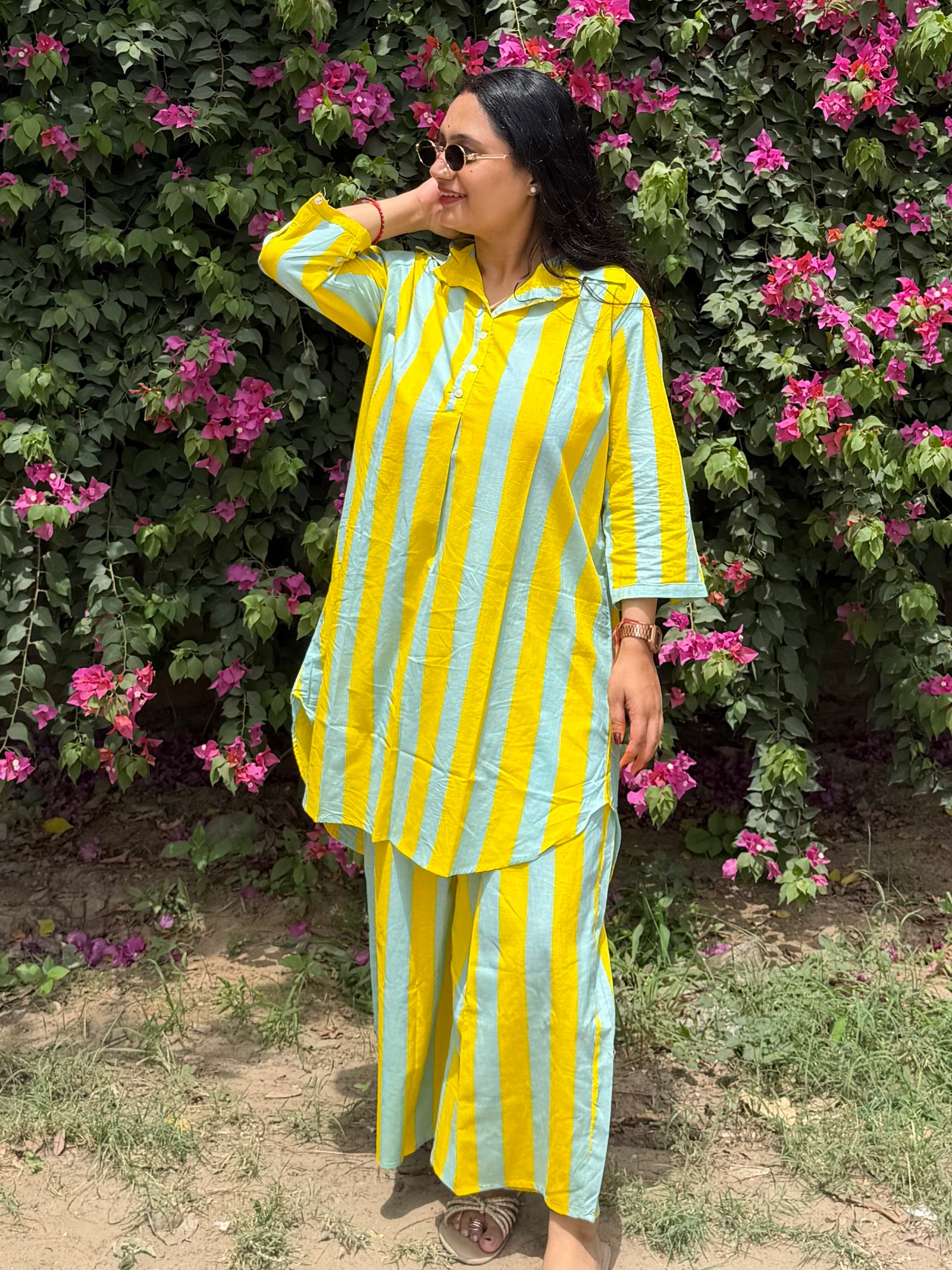 YELLOW GREY STRIPE COORD SET