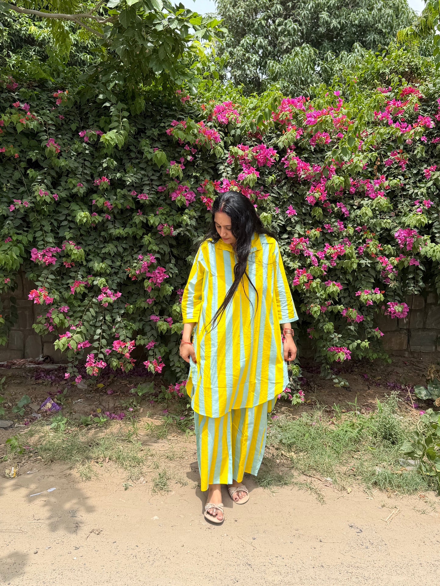 YELLOW GREY STRIPE COORD SET