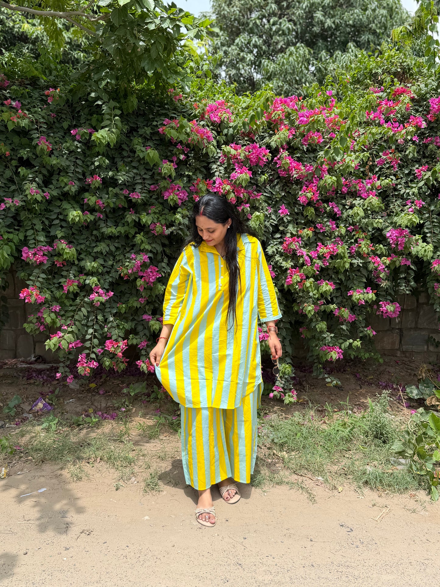 YELLOW GREY STRIPE COORD SET