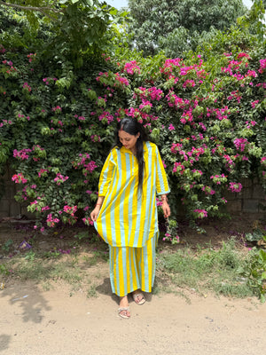 YELLOW GREY STRIPE COORD SET