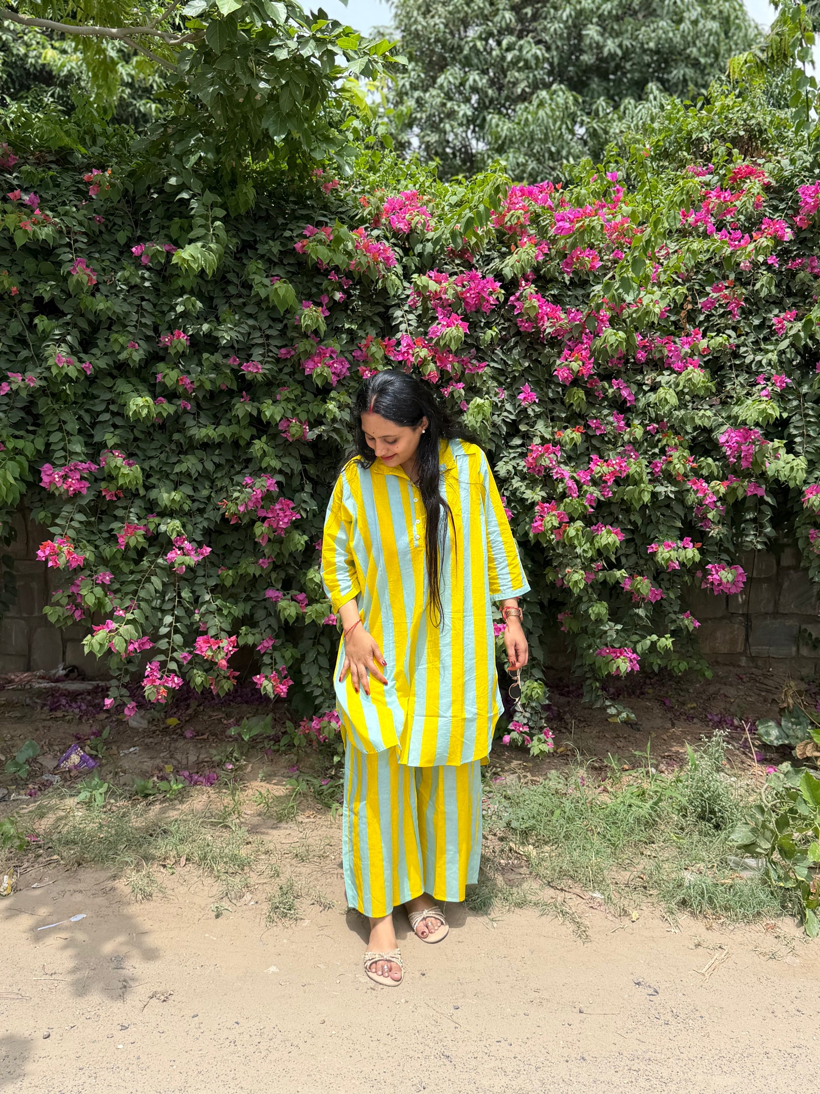 YELLOW GREY STRIPE COORD SET