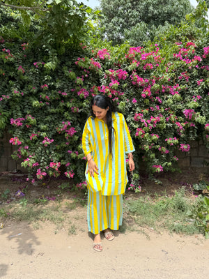 YELLOW GREY STRIPE COORD SET