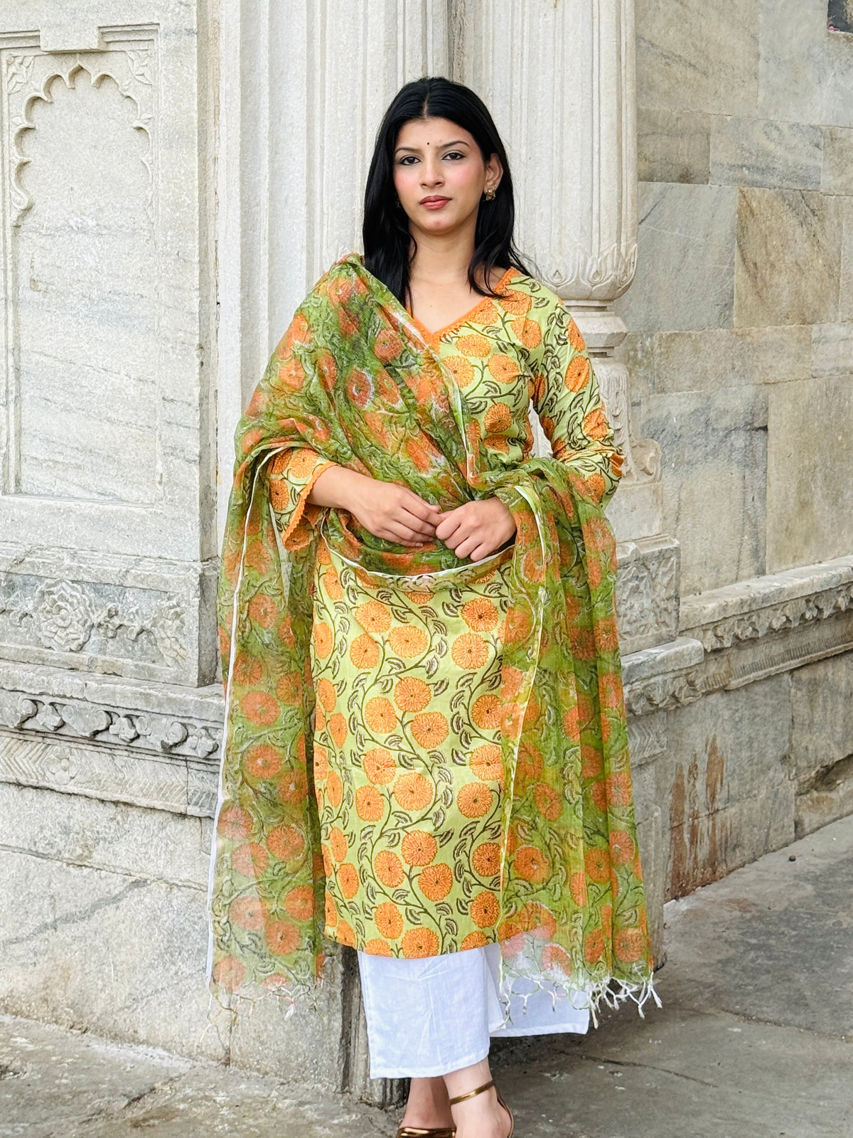 Green Orange Lace Kurta & Dupatta