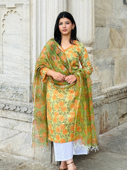 Green Orange Lace Kurta & Dupatta