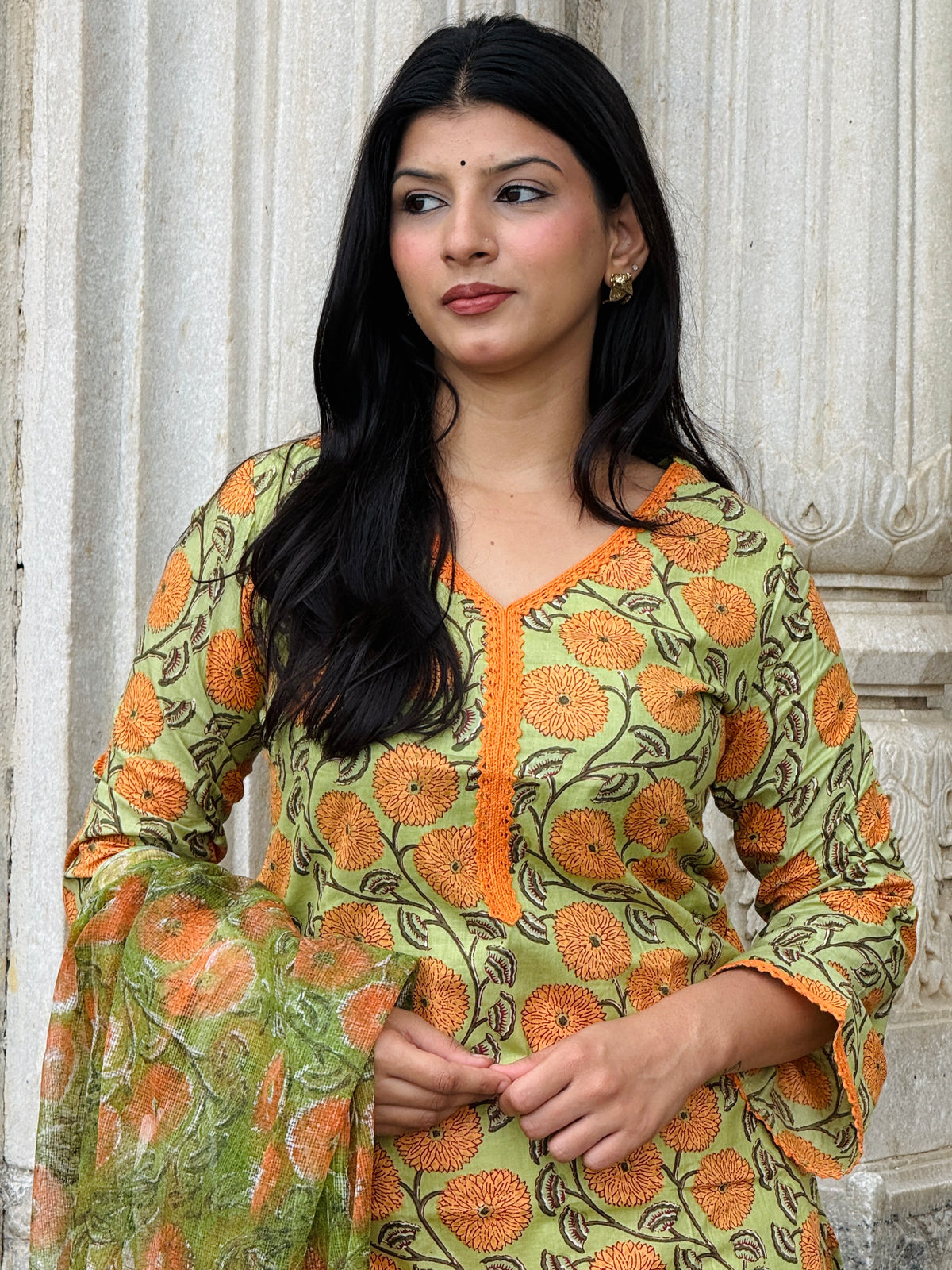 Green Orange Lace Kurta & Dupatta