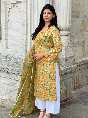 Green Orange Lace Kurta & Dupatta
