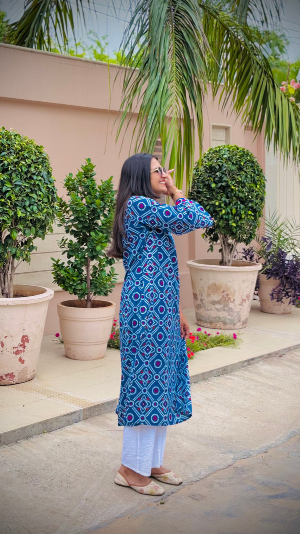Blue Bandhani Printed Cotton Kurta for Women