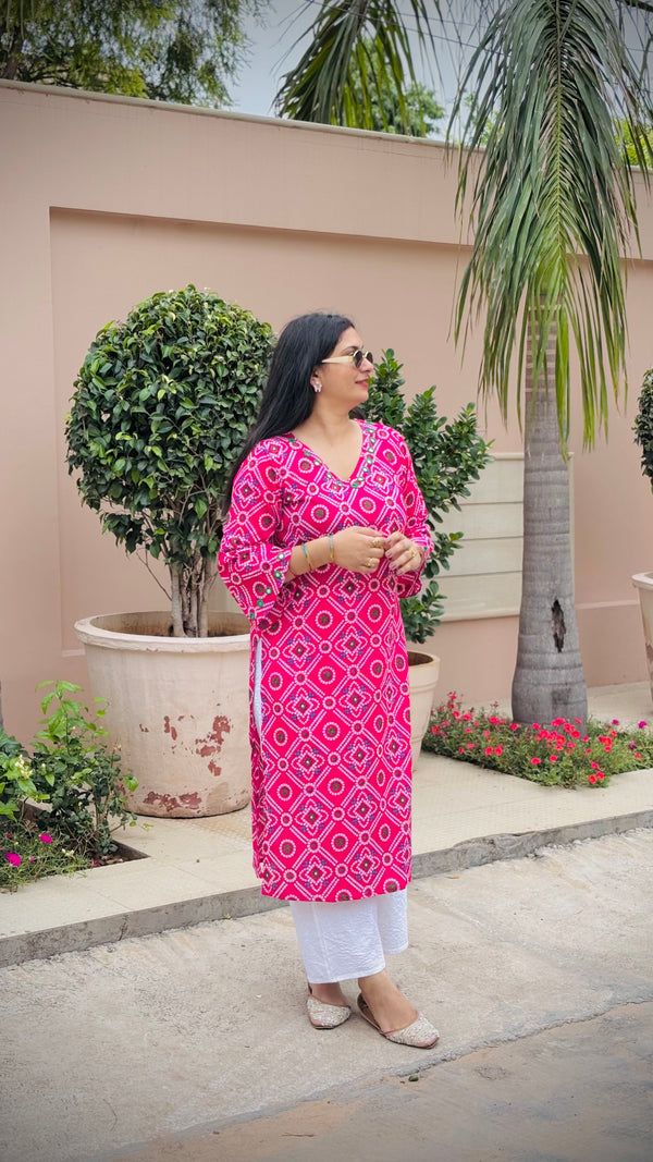 Pink Bandhani Printed V-Neck Cotton Kurta