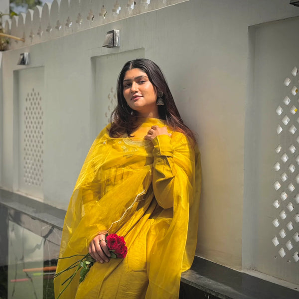 Yellow Chinon Anarkali Suit