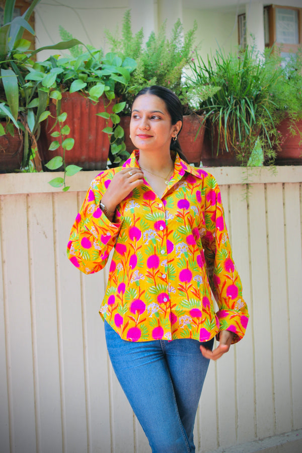 Yellow & Pink Floral Printed Cotton Shirt for Women