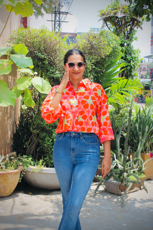 Orange Floral Printed Cotton Shirt for Women