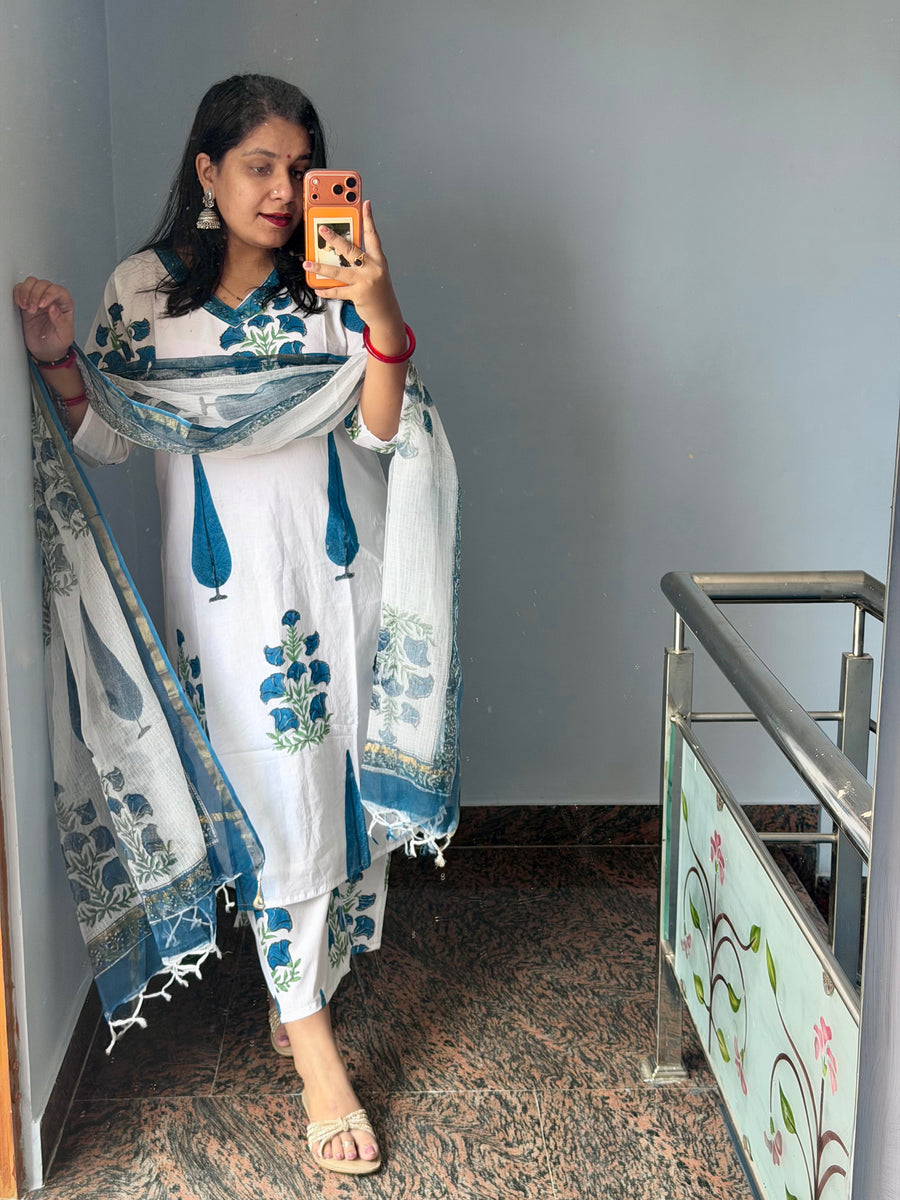 White Blue Leaf Suit Set