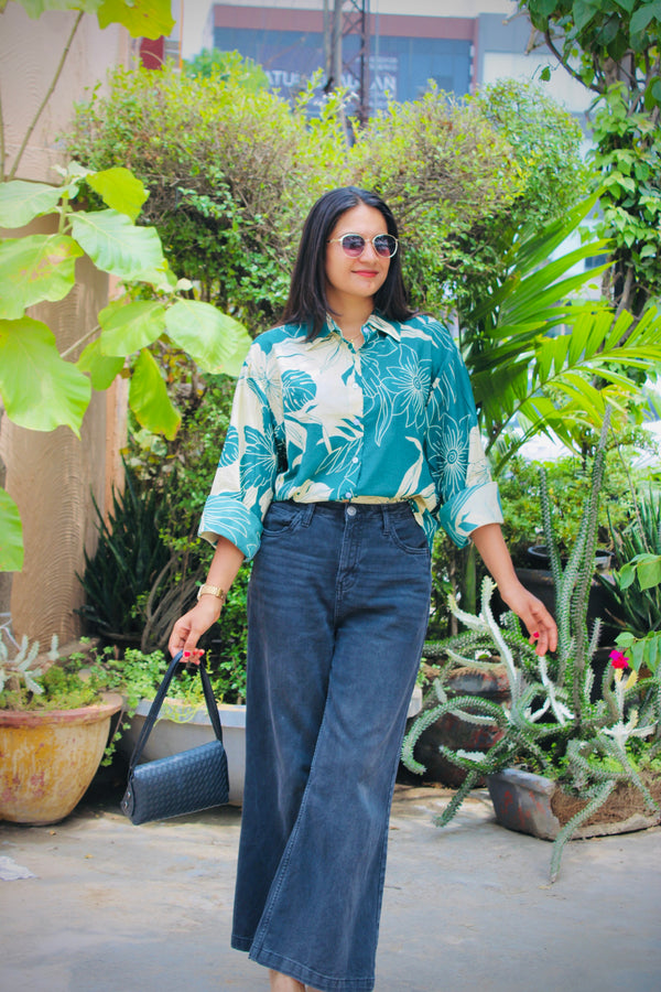Teal Floral Printed Cotton Shirt for Women