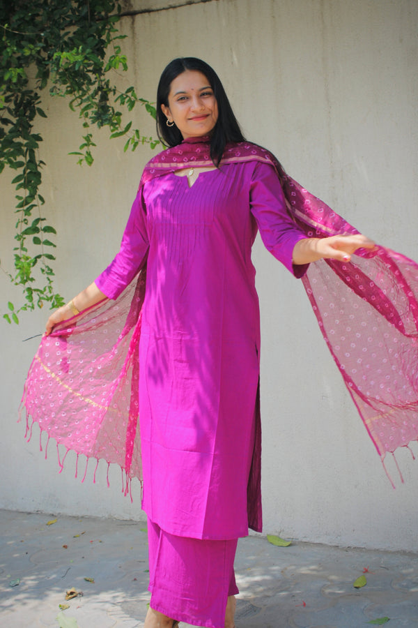 Purple Solid Cotton Kurta Set with Bandhani doria Dupatta