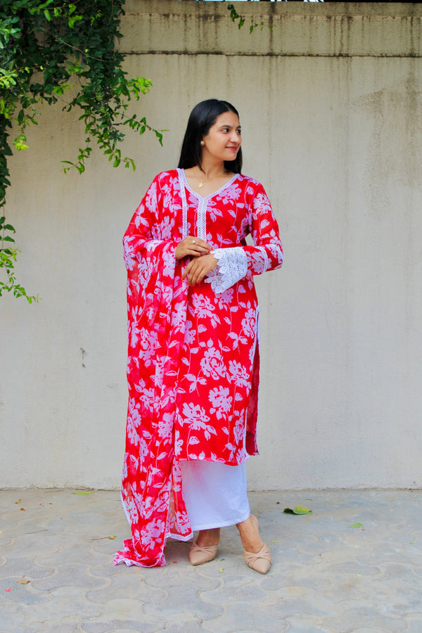 Red V-Neck Chiffon  Floral Printed Kurta  with Dupatta
