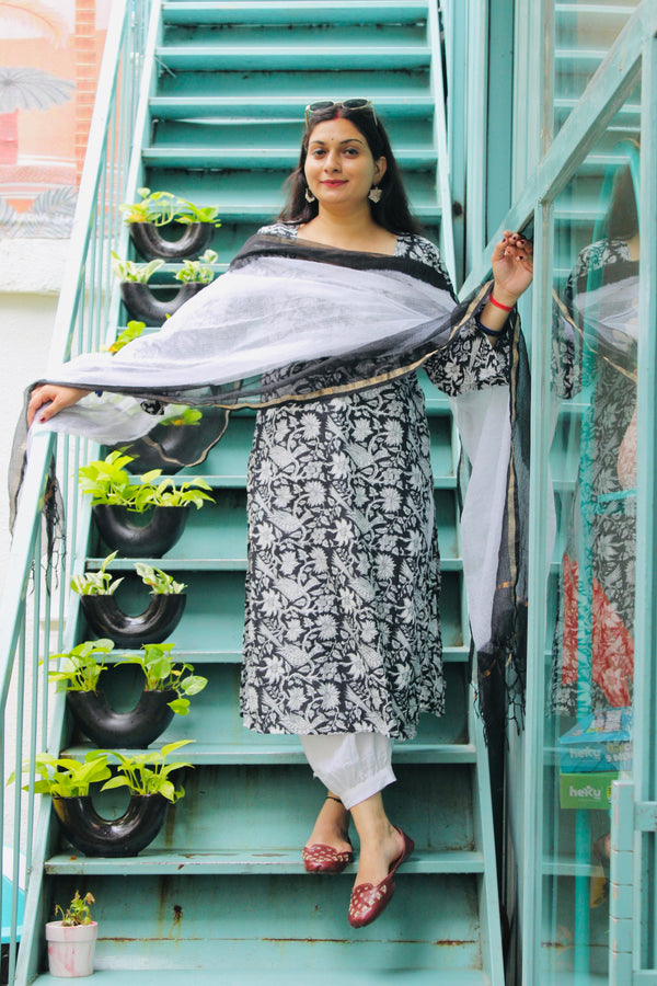 Black Floral Printed Cotton Kurta and Kota doria dupatta