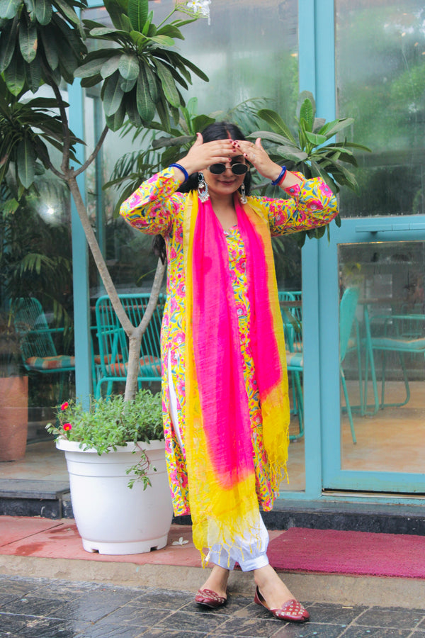 Yellow Flower Printed Kurta Set with kota doria Dupatta