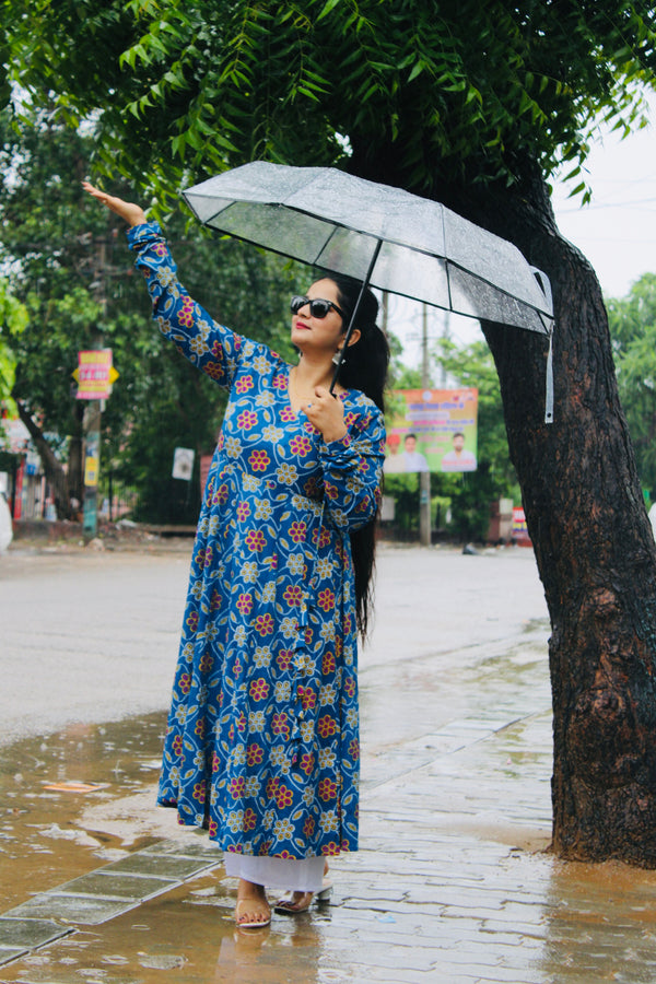 Blue Floral Cotton Angrakha Kurta for Women