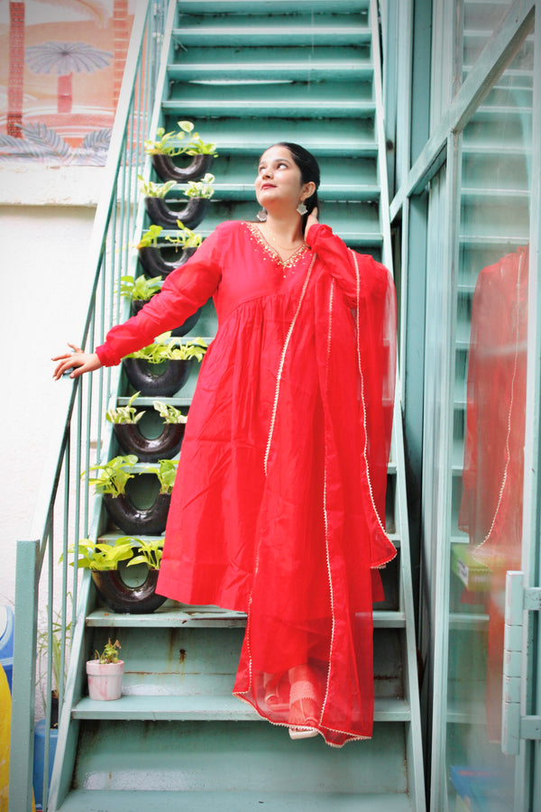 Red Solid V-Neck Anarkali chanderi  Suit Set for Women