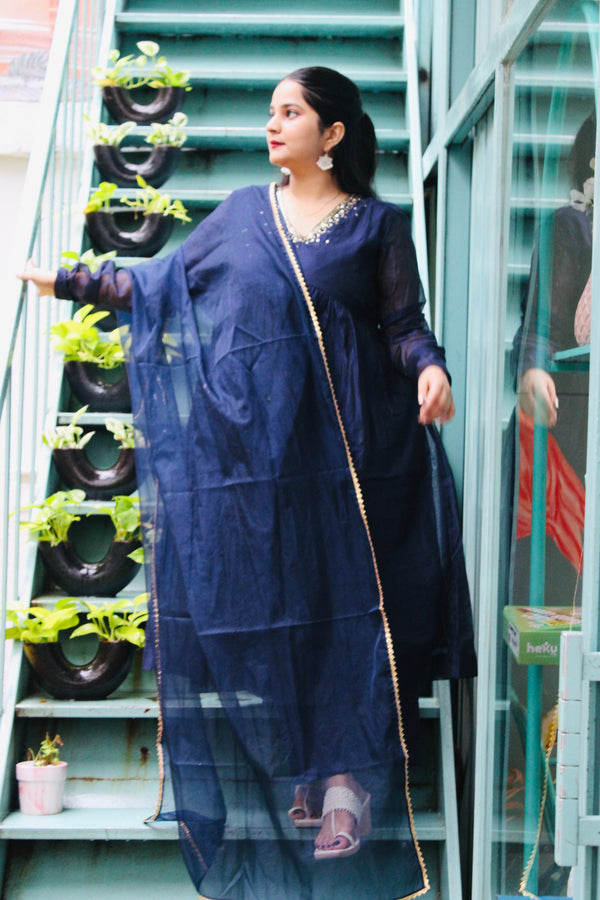 Blue Chanderi V Neck Solid Kurta Set for Women