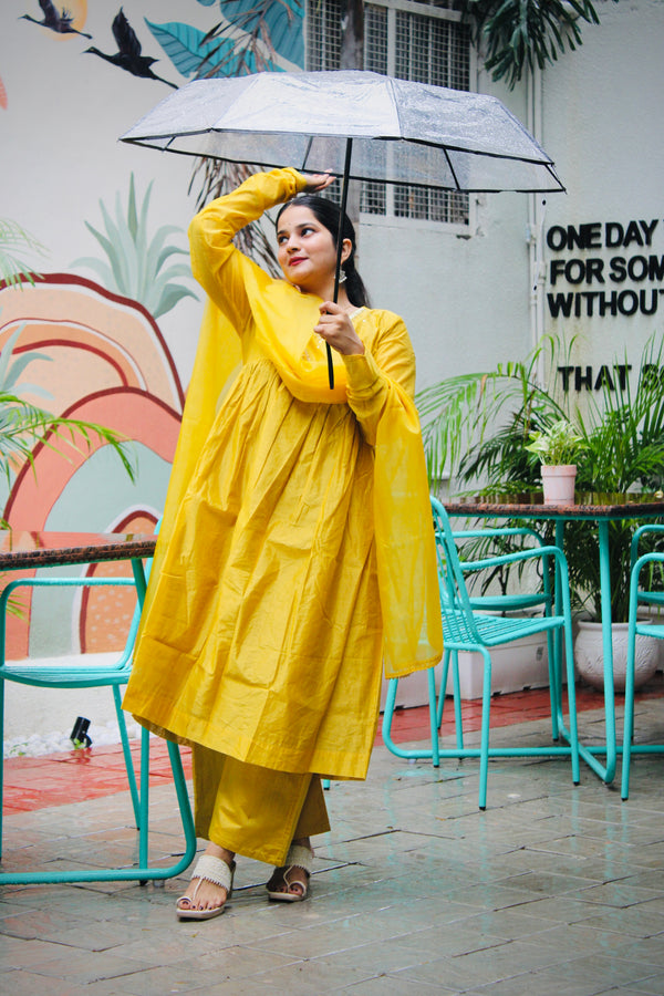 Yellow Pure Chanderi V Neck Solid Kurta Set for Women