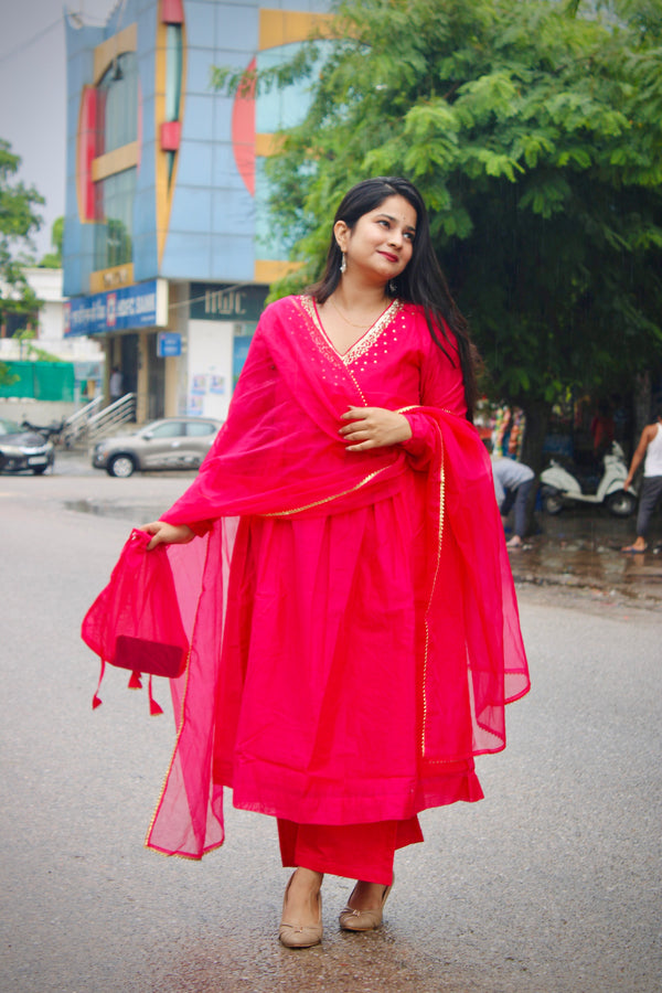 Red Pure Chanderi V Neck Solid Kurta Set for Women