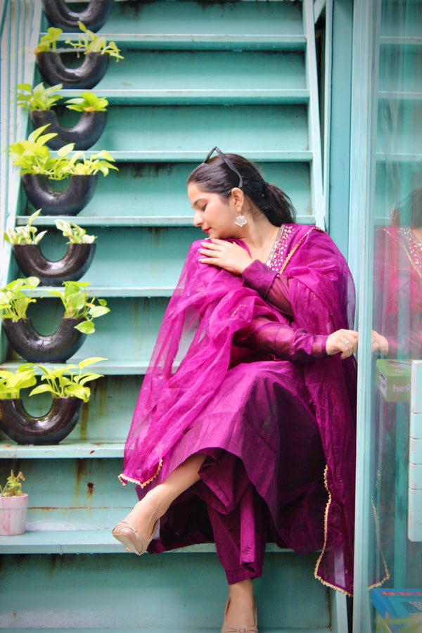 Purple Pure Chanderi V Neck Solid Kurta Set for Women