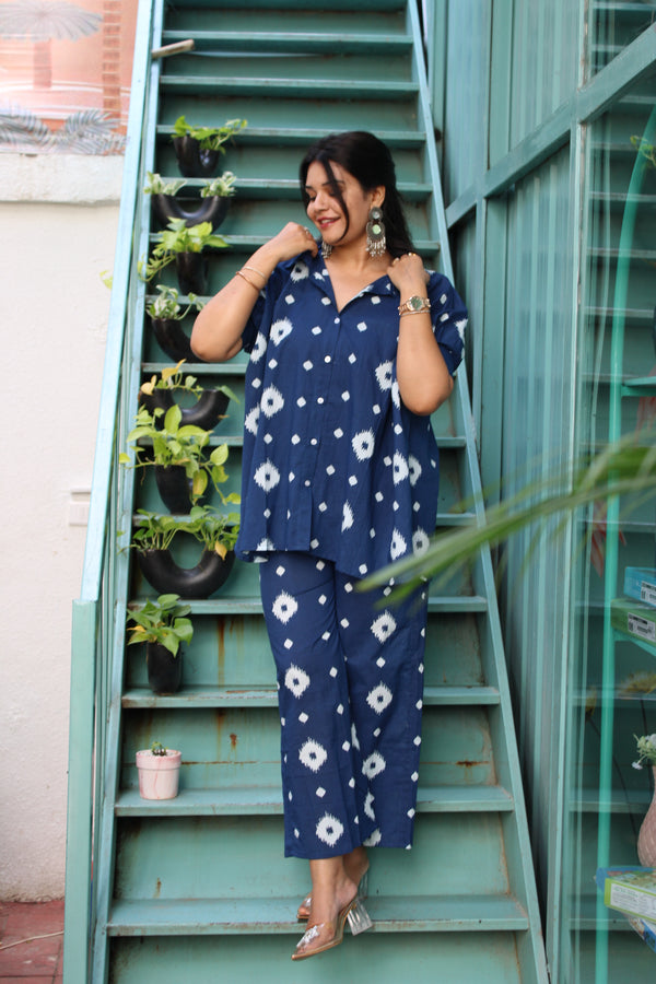 Blue Shirt Collar Printed Co-ords Set for Women